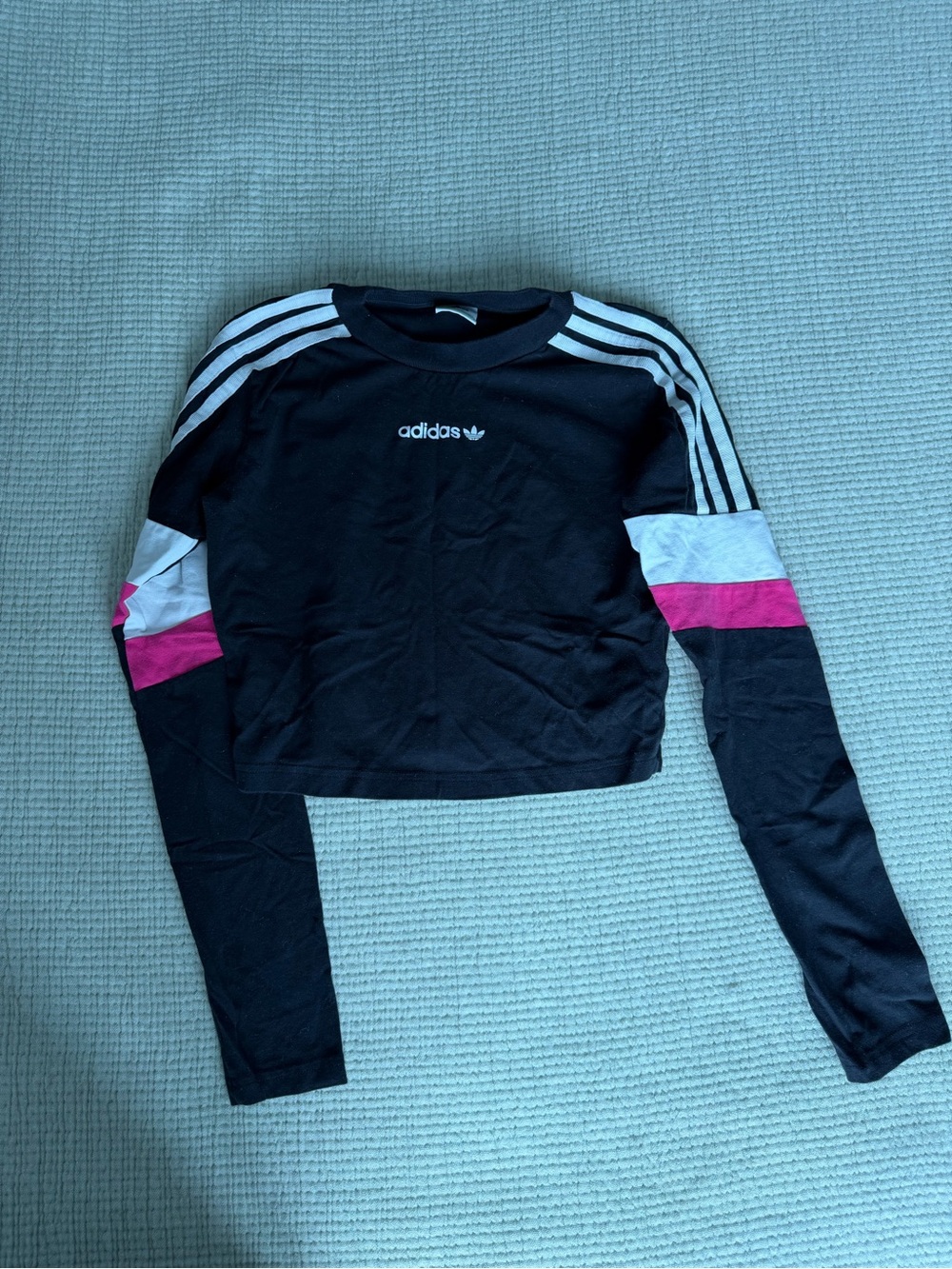 adidas Black Cropped Bomber tee with White Stripes and Pink Accents